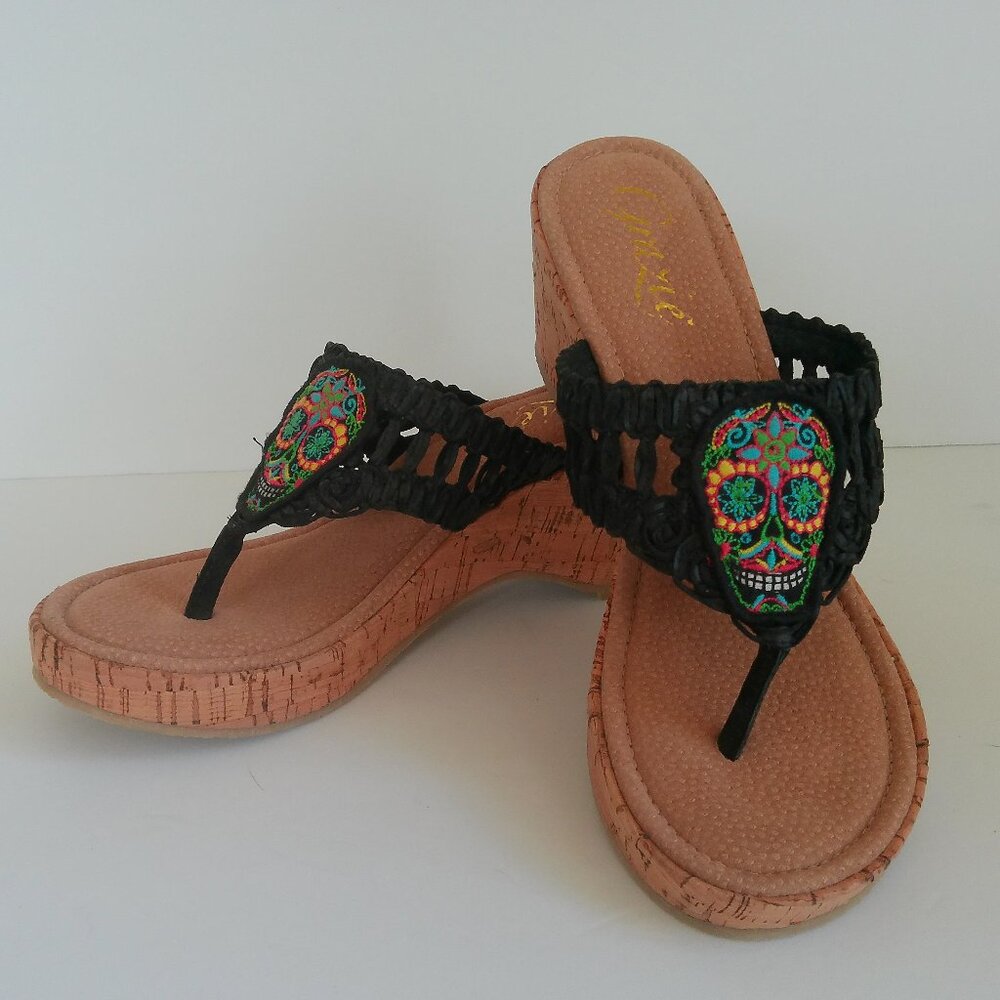 Grazie Wedge Heel Sandal 10 Black Embroidered Sugar Skull Woven Upper Cork Sole